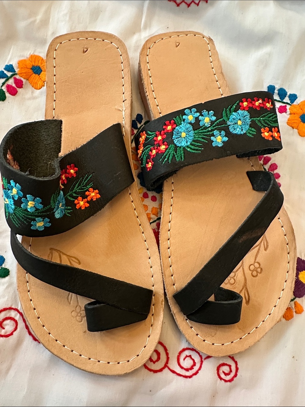 SIZE 7US Embroidered Black Leather Sandals with Colorful Floral Detail